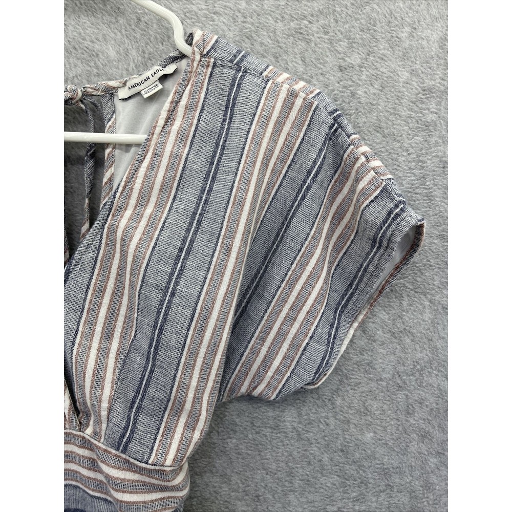 American Eagle Romper Striped Size XS Pockets Short Sleeve Cinch Waist Linen - Picture 2 of 12